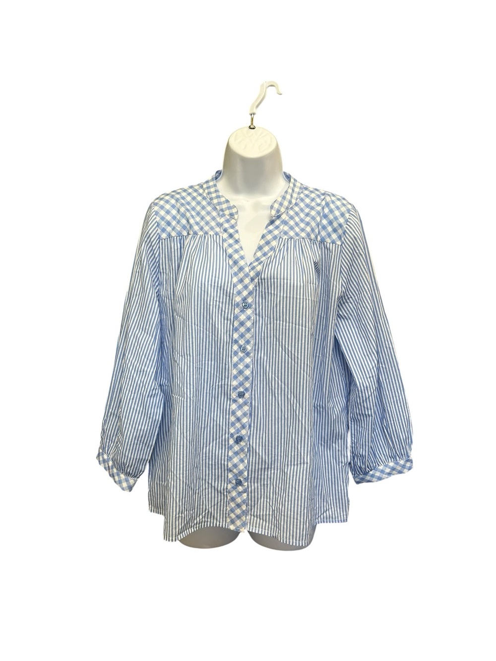 Magari Italy Blue Striped & Gingham Mixed Pattern Blouse - Size L